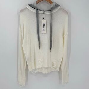 Dance & Marvel Hooded Distressed‎ Sweater Long Sleeves Relaxed Off White Medium